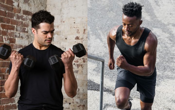 ورزش بی هوازی؛ مزایا و تفاوت آن با ورزش هوازی 5 فردی در حال وزنهزدن و فردی در حال دویدن- تفاوت ورزش بی هوازی و هوازی